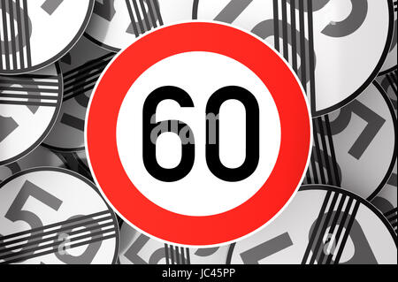 Illustration 3d'atteindre le 60e anniversaire de l'illustre avec panneaux de circulation Banque D'Images