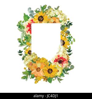 Carte vecteur conception square. Tournesol jaune fleur fleurs cosmos, hortensia, Hydrangea, eucalyptus, jasmine branches, feuilles. Message d'invitati délicate Illustration de Vecteur