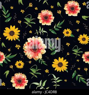 Vintage floral fleur Dahlia orange tournesol jaune petit beau contraste lumineux vert feuilles fleurs papier peint seamless floral design illustration Illustration de Vecteur