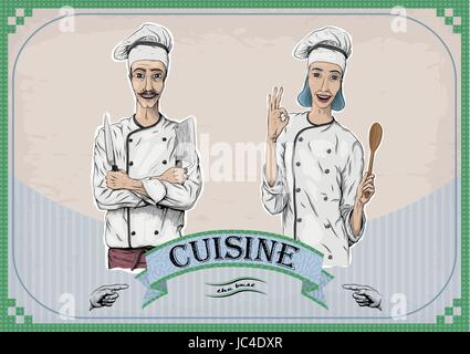 Femme et les hommes de race blanche, travailleur chef cuisinier Chef's jacket capuchon avec sourire heureux portrait. Gros plan vecteur linéaire horizontal noir coloré belle illus Illustration de Vecteur