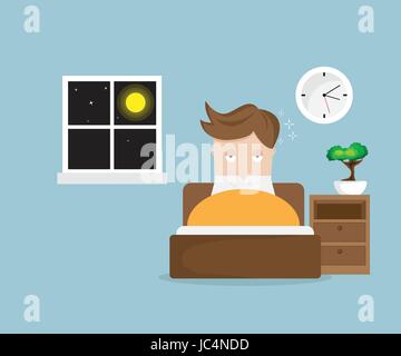 L'homme sans sommeil personnage sur lit dans la nuit vector illustration Illustration de Vecteur