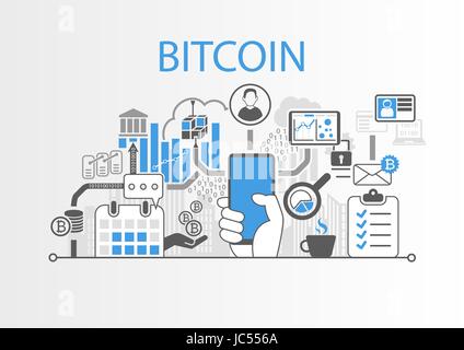 Background illustration vecteur Bitcoin with hand holding smartphone et icônes Illustration de Vecteur