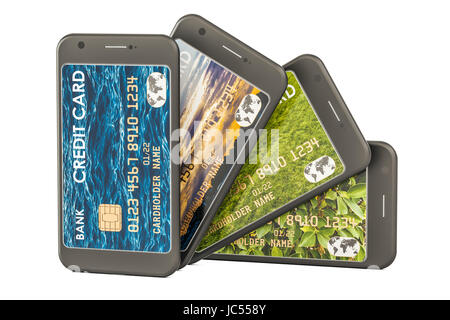 Smartphones avec cartes de crédit. Portefeuille électronique sur téléphone mobile concept. Le rendu 3D Banque D'Images