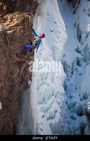 Emily Harrington participe à Ouray Ice Festival 2016 l'escalade mixte élite compétition à l'Ice Park à Ouray, Colorado. Harrington s'est classé 4e dans la division féminine. Banque D'Images