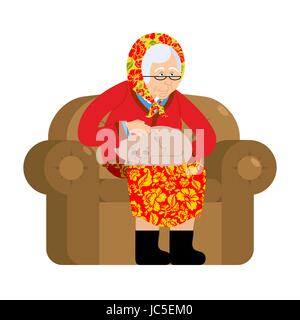 Grand-mère russe et chat. vieille femme dans un fauteuil avec pet. grand-mère de la Russie dans l'impression démarre. Les vêtements nationaux traditionnels Illustration de Vecteur