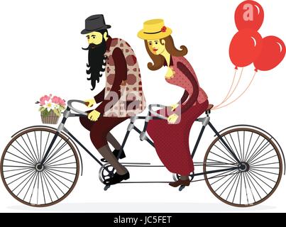 Couple aimant l'homme et de la femme sur les bicyclettes avec des ballons. Carte vintage romantique amoureux mignon avec équitation sur une bicyclette. Le Jour de Valentines. Vector cart Illustration de Vecteur