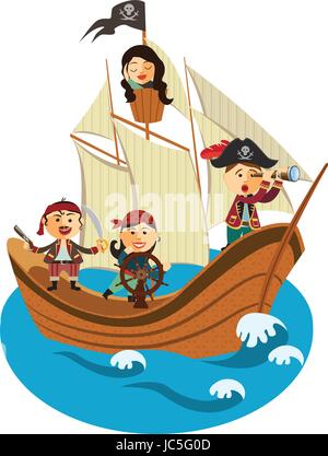 Heureux pirates naviguant dans leur bateau de pirate vector isolé sur un fond blanc. Illustration de Vecteur