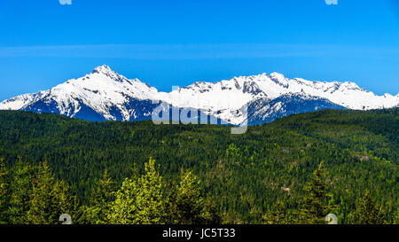 Montagne de tantale d'un point de vue le long de la route Sea to Sky de Squamish à Whistler avec pics couverts de neige d'Alpha Mountain, BC, Canada Banque D'Images