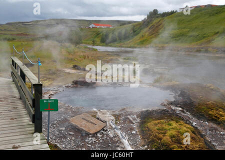 Vue sur le Secret Lagoon. L'Islande est plus vieille piscine, Islande, montrant la vapeur de hot springs Banque D'Images