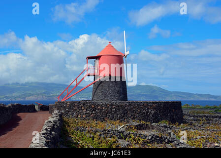 Moulin à vent, de la superficie viticole Verdelho, Pico, Açores, Portugal / Verdelho zone de culture, patrimoine mondial de l'UNESCO, moulin à vent, le Moinho Th Frade, Windmu Banque D'Images