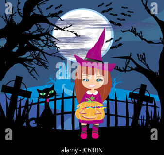 Girl in costume holding pumpkin avec des bonbons Banque D'Images