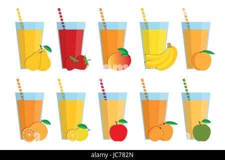 Ensemble de jus de fruits et des cocktails de fruits, collection isolé sur fond blanc, poire, fraise, mangue, banane, pêche, orange, citron Illustration de Vecteur