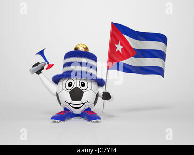 Un mignon et drôle personnage soccer tenant le drapeau national de Cuba et d'un klaxon vêtus aux couleurs de Cuba sur fond lumineux soutenir son équipe Banque D'Images