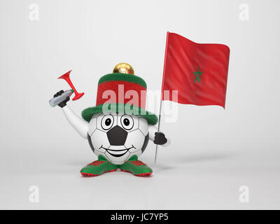 Un mignon et drôle personnage soccer tenant le drapeau national du Maroc et d'un klaxon vêtus aux couleurs du Maroc sur fond lumineux soutenir son équipe Banque D'Images