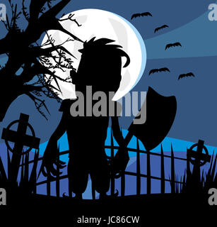 L'homme fou avec une hache sur une nuit sombre Banque D'Images