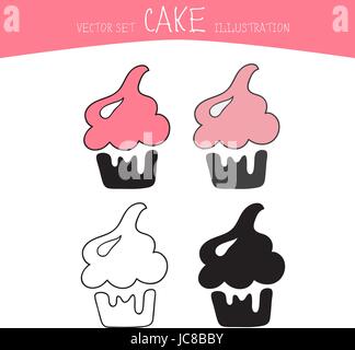 Cake vector set. Quatre des sucreries en noir, de la ligne et de la couleur. Illustration de Vecteur