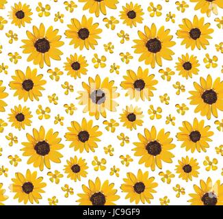 Tournesol jaune vintage de minuscules têtes de fleurs sauvages fleurs belle arrière-plan, papier peint seamless floral design illustration aquarelle botanique f Illustration de Vecteur