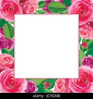 Fleurs roses Fleurs Feuilles belle Jolie bouquet printemps été vector illustration. Top View square élégant design cadre aquarelle w Illustration de Vecteur