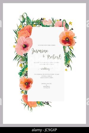 Floral fleurs coquelicots orange, rose Coquelicot de feuilles d'Eucalyptus Privet berry couronne de fleurs sauvages concept de mariage. Affiche l'élément abstrait. Vertica vecteur Illustration de Vecteur