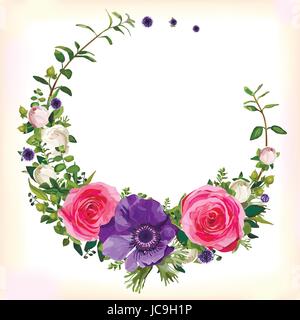 Cercle de fleurs couronne de fleurs couronne ronde violet rose rose feuilles de pavot Anémone magnifique bouquet printemps été belle illustration vectorielle. Vue d'en haut Illustration de Vecteur