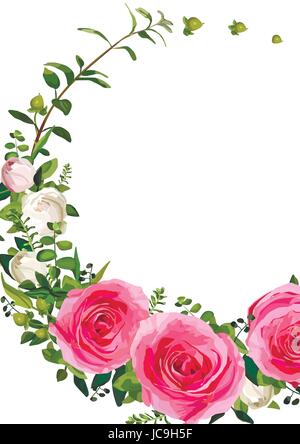 Couronne de fleurs roses fleurs feuilles rose belle Jolie bouquet printemps été vector illustration. Vue supérieure élégante conception verticale aquarelle blanc b Illustration de Vecteur