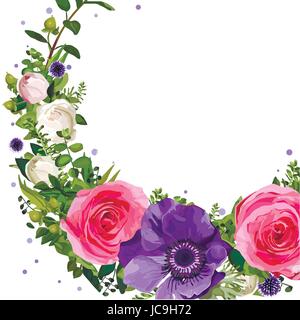 Couronne de fleurs rose Anémone Rose feuilles de chardon beau joli bouquet printemps été vector illustration top view square élégant design aquarelle gr Illustration de Vecteur