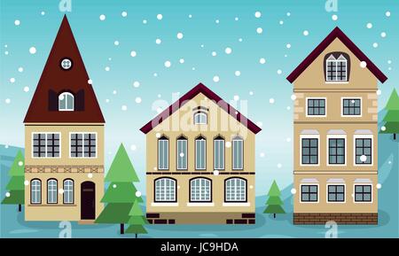 Maison maisons bâtiments vieux Vienne Autriche architecture city hiver neige paysage avec des arbres de Noël de la neige. Beau gros plan vectoriel il vue avant Illustration de Vecteur