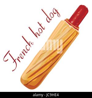 Hot dog, saucisse de viande : banger ou frankfurter, moutarde, mayonnaise, ketchup, fresh bun grillé baguette française. Vector square close-up inscription je vue latérale Illustration de Vecteur