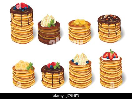 Jeu de pile de délicieuses crêpes aux bleuets fraises : la crème fouettée banane chocolat Beurre miel menthe sur plaque. Gros plan vectoriel côté belle fre Illustration de Vecteur