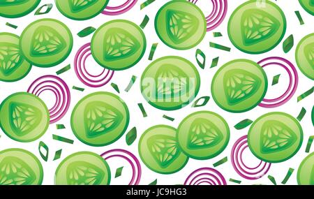 Tranches de concombre salade fraîche pièce, cercles d'oignons ciboulette coupe modèle transparente . Tissu magnifique vecteur libre horizontale haut Afficher papier peint textile Illustration de Vecteur