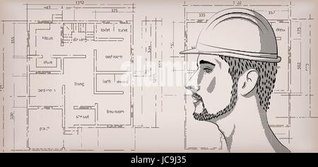 Les hommes l'homme personne mâle young caucasian ossature erector builder profil . Belle ligne horizontale vecteur moderne signe pancarte poster close-up side v Illustration de Vecteur