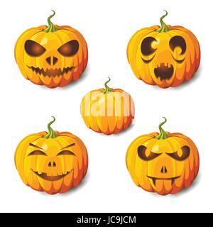 Halloween Citrouille, courge ou de squash 5 icons set, différentes variations de l'émotion. Scary jack-o-lantern funny images horreur fantasmagorique des expressions. Vue latérale cl Illustration de Vecteur