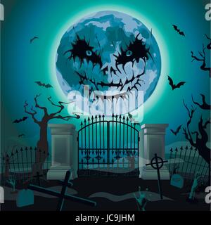 Soir de l'Halloween : pleine lune tombes cimetière gates, zombi zombie mains sortant de terre, bat. rearmouse Gros plan sur le côté vertical de scénario signboar Illustration de Vecteur