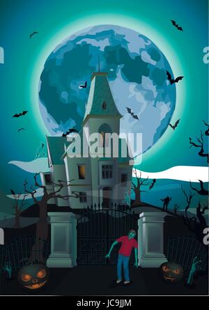 Soir de l'Halloween : lune magnifique château, Château zombie zombi gate, ghost, citrouilles d'arbres sculptés bat rearmouse. Gros plan sur le côté vertical de vecteur Illustration de Vecteur