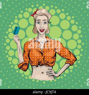 Femme femmes fille dame tenir votre crédit en plastique carte en main de belles jeunes, les blancs shirt portrait. Vector retro nice gros plan vertical fron Illustration de Vecteur