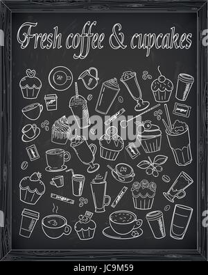 Jeu de café frais & cupcakes tracé à la craie Illustration de Vecteur