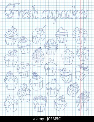 Ensemble de frais et délicieux cupcakes dessiné à la plume Illustration de Vecteur