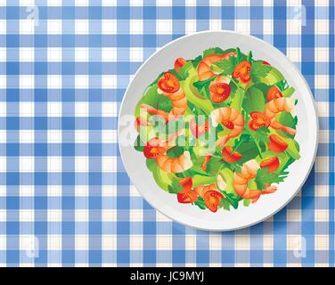 Salade aux crevettes, avocat, tomate fraîche, de roquette ou rucola, roquette, épinards, feuilles de mangold sur la plaque ou le plat sur nappe. Belle ve Illustration de Vecteur