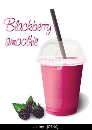 Frais mûrs Smoothie aux petits fruits & blackberry naturel en feuilles de plastique pour aller, paille, tube. Belle illustration vertical vecteur sain fraîcheur di Illustration de Vecteur