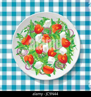 Salade de légumes frais avec de savoureux de roquette ou de fusée, roquette, tomates, fromage feta, l'oignon rouge et l'origan sur plaque blanche sur nappe bleue .Top voir c Illustration de Vecteur