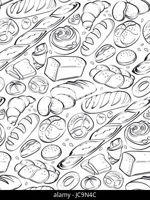 Frais de beaux et savoureux produits de boulangerie bio, bagels, bagguets, brioches, pain, croissant. Illustration vecteur vertical transparent. O noir Illustration de Vecteur