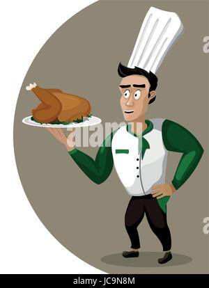 Les hommes personne mâle jeune chef cuisinier chef cuisinière-cartoon sourire heureux au service de rendez-vous des aliments frais frit plat bac turquie portrait. Close-up Vector beaut verticale Illustration de Vecteur