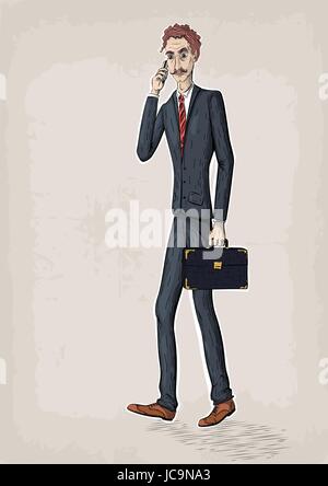 Les droits de l'homme hommes personnes veste de costume cravate chaussures sac à main tenir cas diplomate smartphone téléphone mobile cellulaire dire aller travailler business vector retro vi Illustration de Vecteur