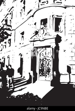 Rue Ville bâtiment maison noir et blanc contraste réaliste s'épanouir Renaissance Baroque Lviv historique du paysage urbain historique. Vector clo Illustration de Vecteur