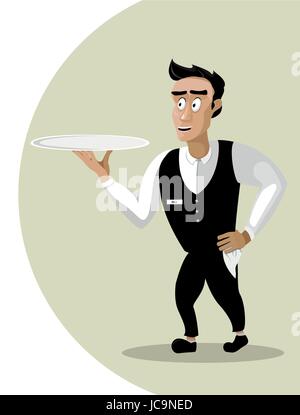 Les hommes personne mâle jeune serveur steward garcon larbin cartoon valet sourire heureux au service de rendez-vous des aliments plat silver tray portrait. Close-up Vector bea verticale Illustration de Vecteur