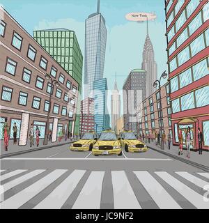 Londres New York Empire State building Chrysler Building paysage ville voitures taxi voiture street people walking vector libre belle couleur bd re Illustration de Vecteur