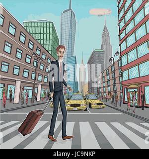 Vector retro vintage belle illustration dessin de bâtiment de New York city taxi paysage voitures street business men walking avec sac Illustration de Vecteur