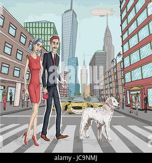 Vector illustration de belle femme fille et les hommes couple amoureux marcher avec chien labrador blanc animal sur New York city street Illustration de Vecteur