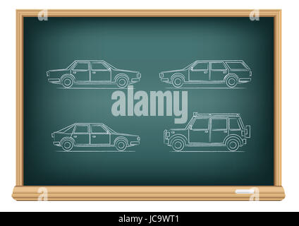L'école tableau noir et craie dessiné types de voitures Banque D'Images