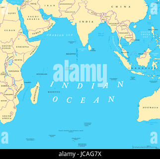 Carte politique de l'Océan indien. Pays et frontières. Troisième Division de l'océan, bordé par l'Afrique, l'Asie, l'Antarctique et l'Australie. Banque D'Images